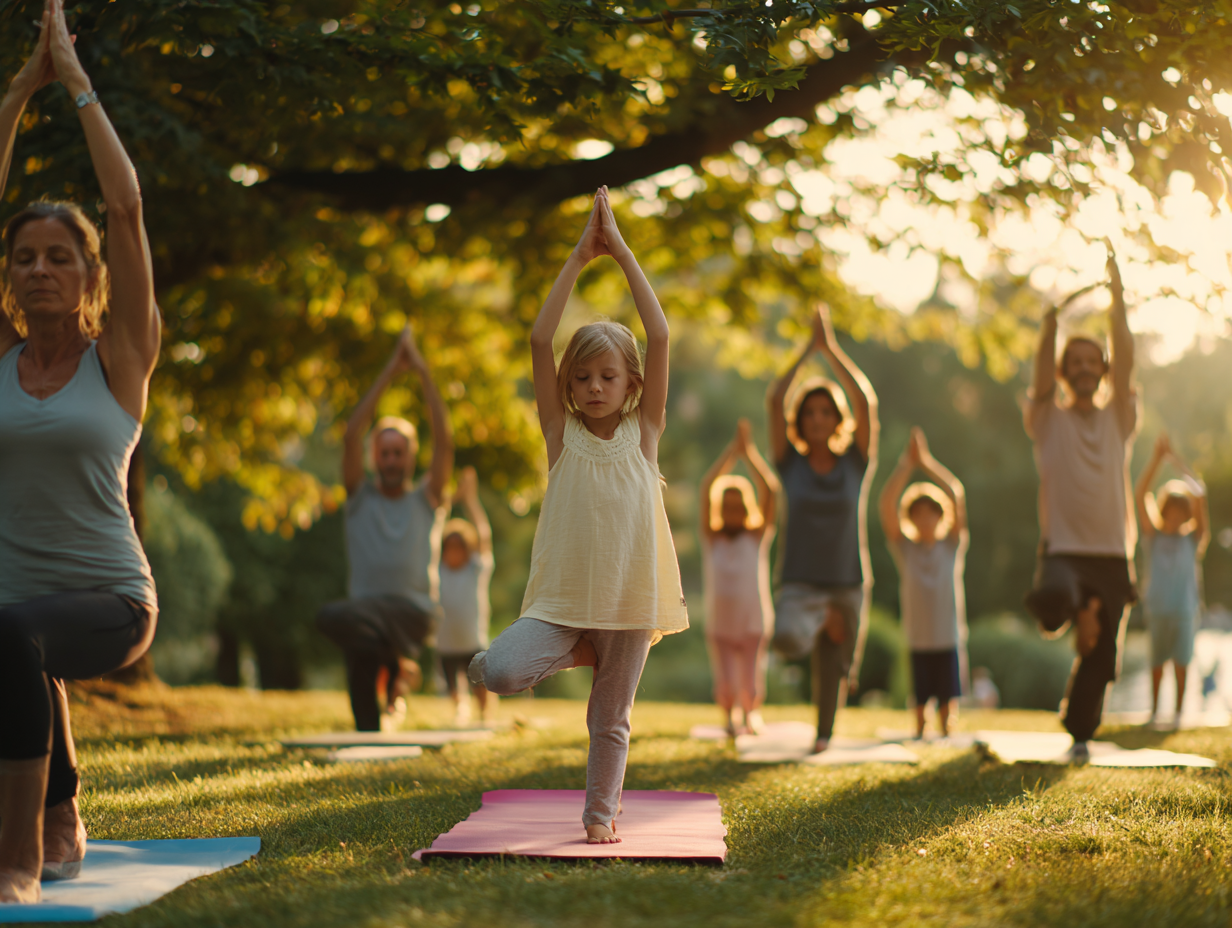 Інструктор йоги демонструє асану у світлій студії, оточений людьми різного віку, що практикують разом